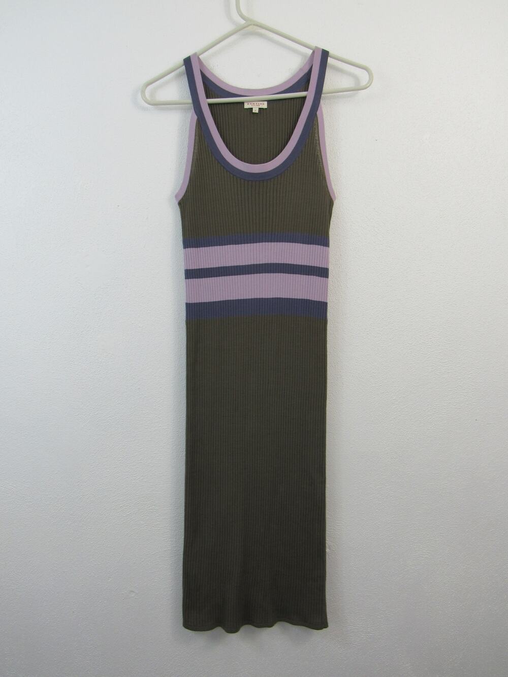 Demylee Small Ribbed Knit Tank Bodycon Dress Olive Green Purple Stripes